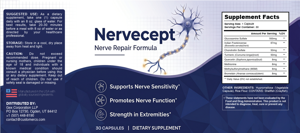 Nervecept label with Supplement Facts and suggested use